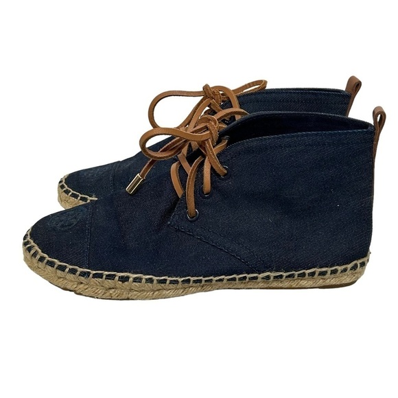 Tory Burch Navy Canvas Espadrille Lace Up Ankle Bootie Flats - Picture 2 of 16